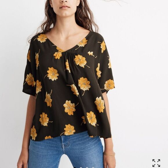 Madewell Tops - Madewell Rhyme Swing Top Olive Green Yellow Floral Short Sleeve Women's Size XL